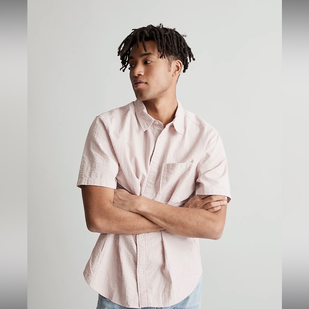 NWT Madewell Seersucker Easy Fit Short Sleeve Shirt in Pale Mauve